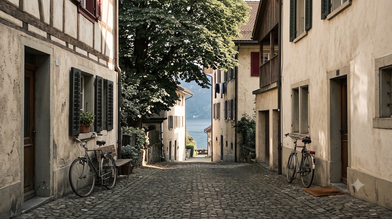 Eine schmale Dorfgasse zwischen alten Häusern mit Blick zum See.