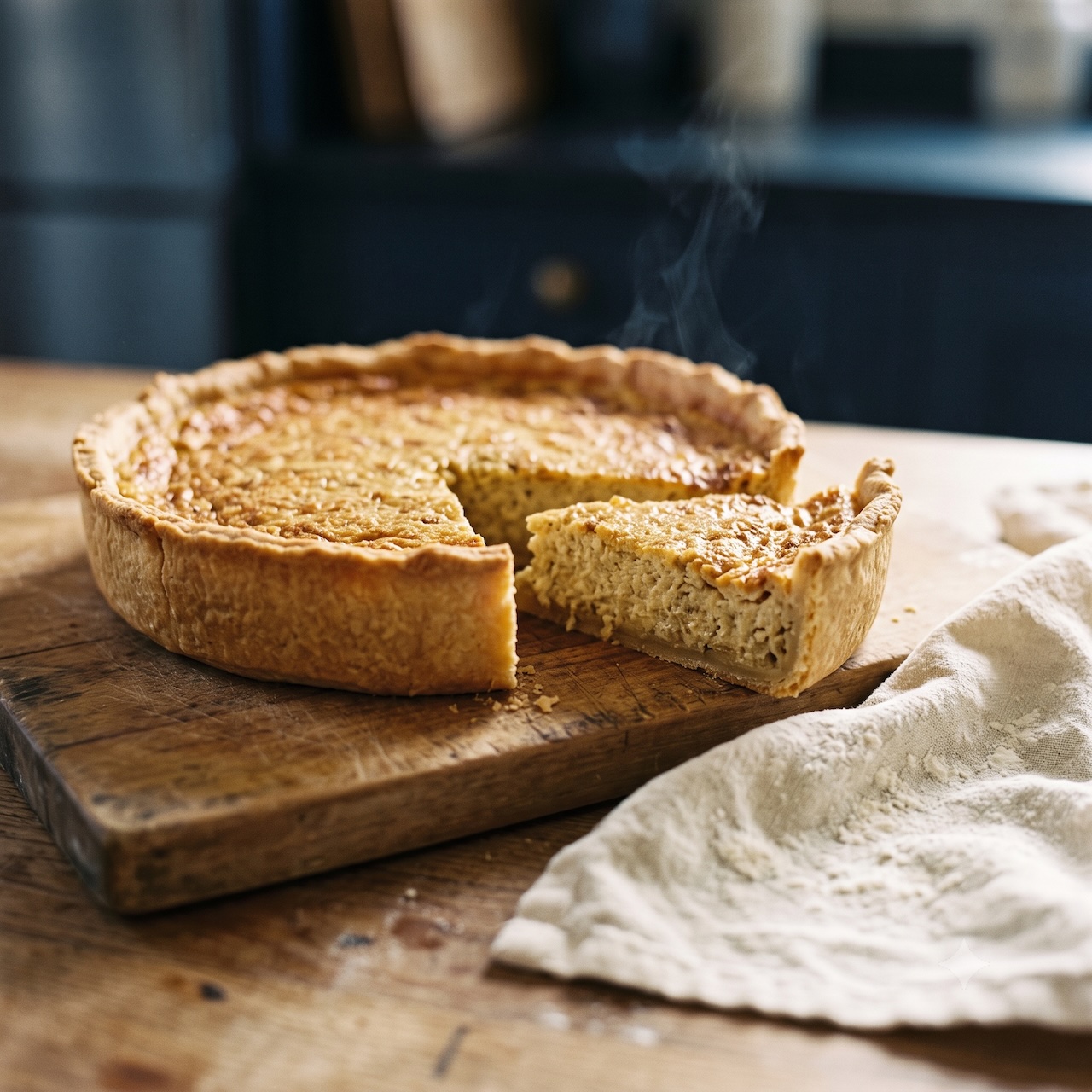Ein angeschnittener Käsekuchen auf einem Holzbrett.