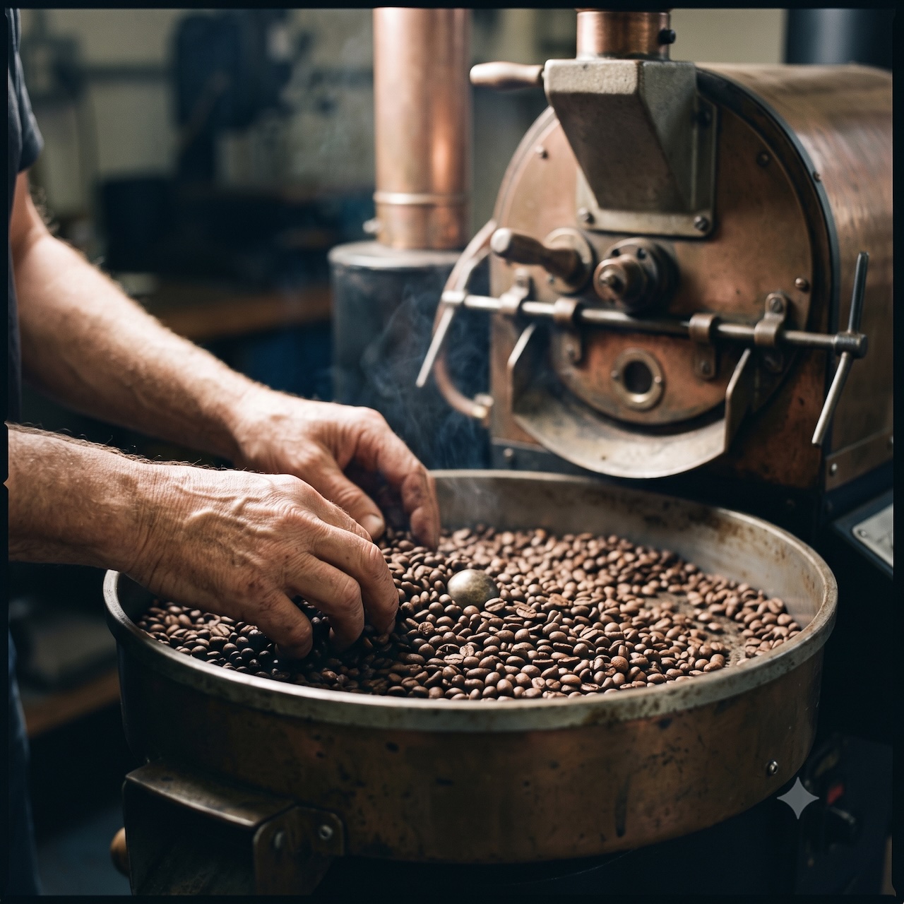 Hände prüfen frisch geröstete Kaffeebohnen an einem alten Trommelröster.