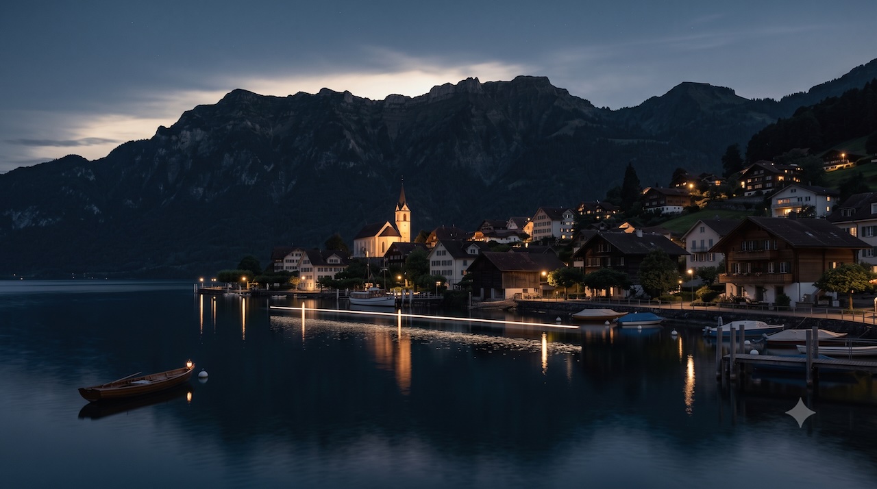 Ein Dorf am See in der Abenddämmerung unter einem dunklen Bergrücken, warme Fensterlichter.
