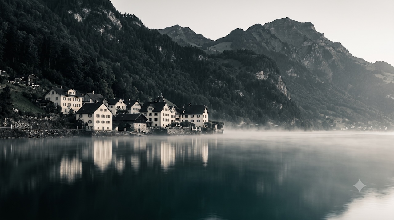 Häuser eines Dorfes am Seeufer unter bewaldeten Hängen, Nebel über dem Wasser.