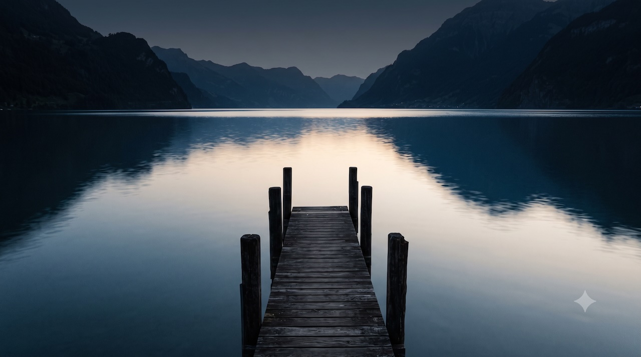 Ein stiller See im letzten Licht, ein alter Holzsteg.