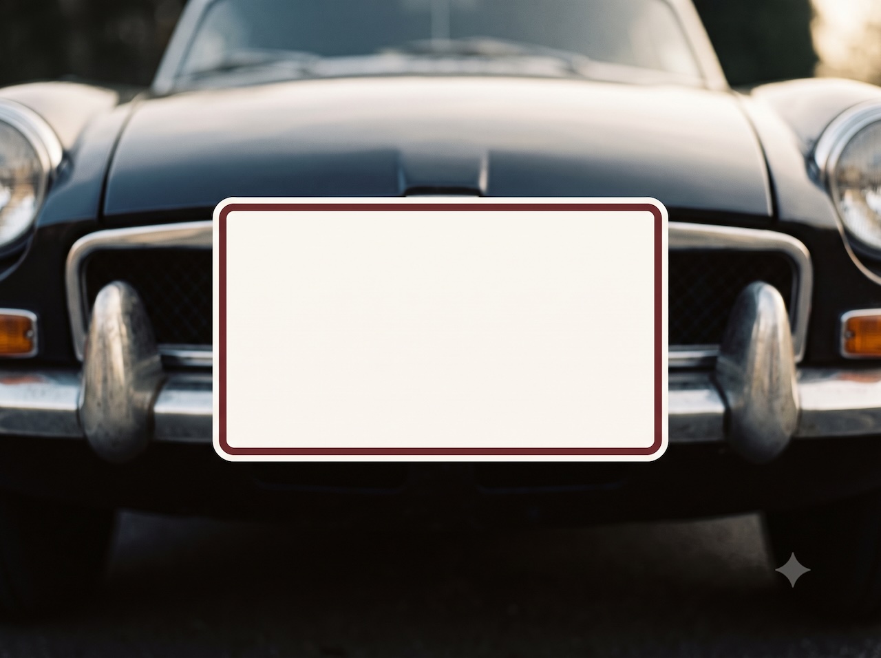 Eine leere Rally-Plate mit rotem Rahmen an der Front eines klassischen Wagens.