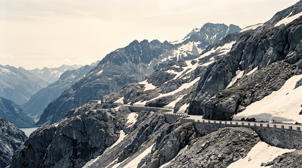 Eine hohe Passstrasse über der Baumgrenze zwischen Fels und Altschnee.