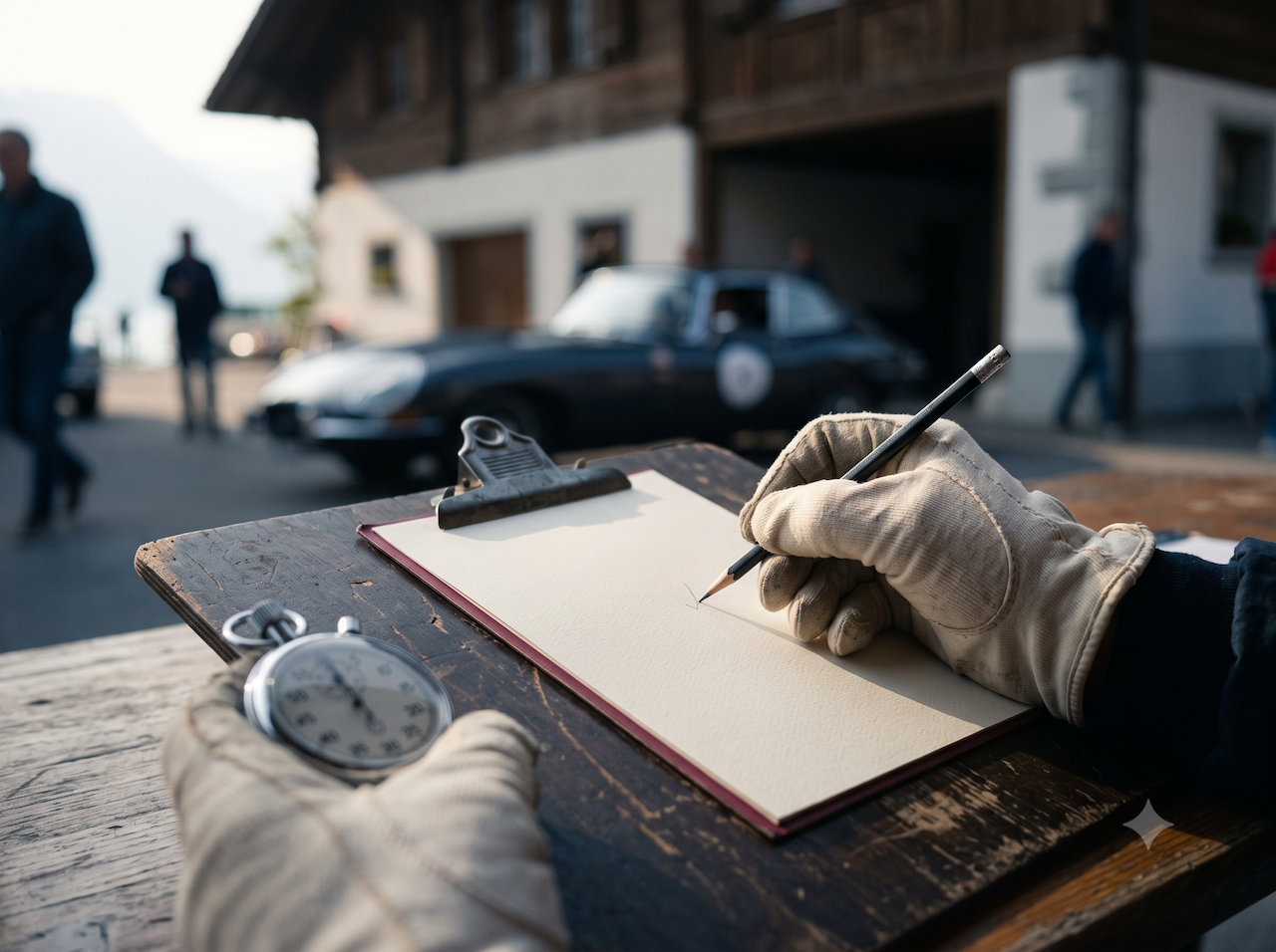 Eine Hand im Fahrhandschuh markiert eine Karte neben einer Stoppuhr.