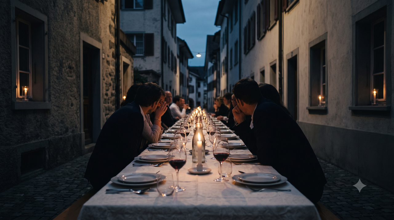 Eine Abendtafel bei Kerzenlicht in einer Dorfgasse in der Dämmerung.