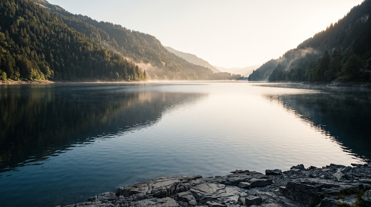 Morgenlicht über einem ruhigen Alpensee, Nebel steigt vom Wasser auf.
