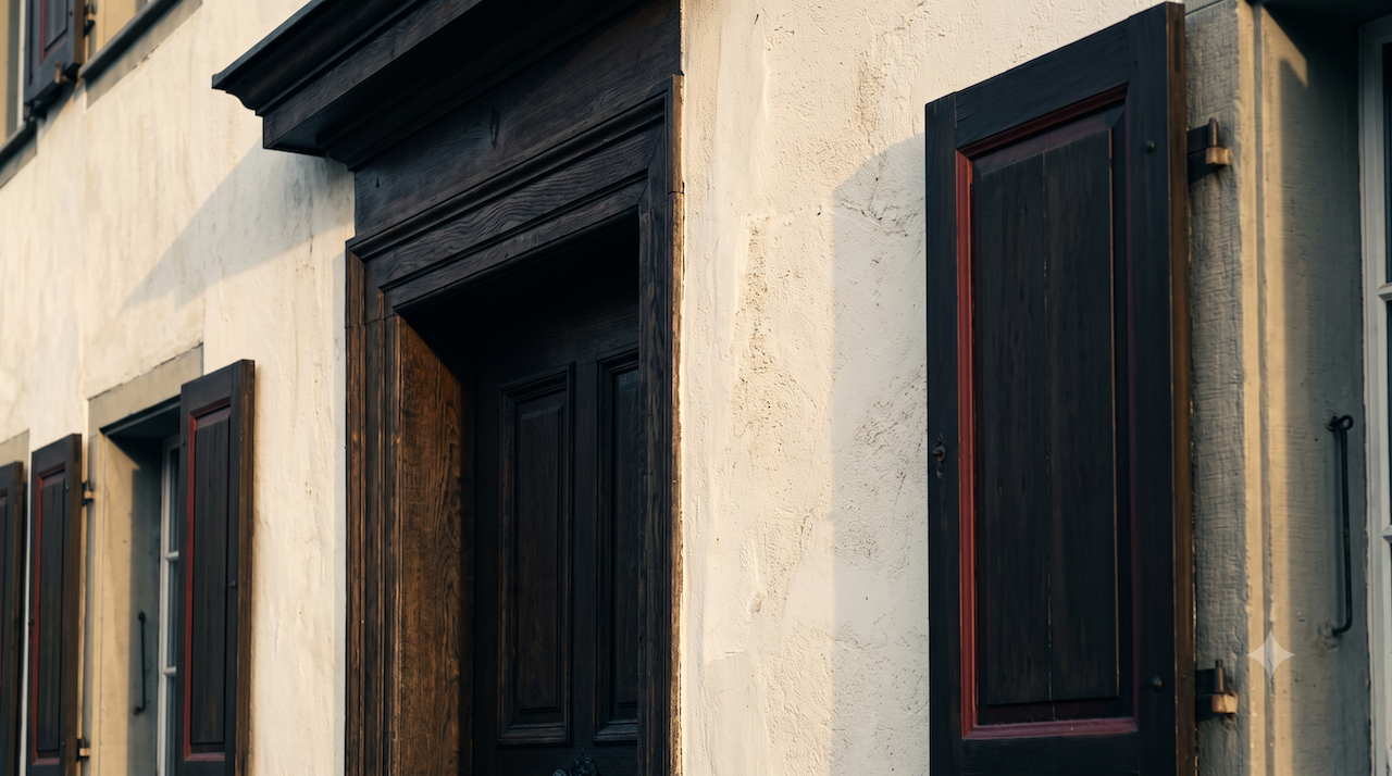 Detail einer Fassade des 18. Jahrhunderts mit dunklen Holzläden im späten Licht.